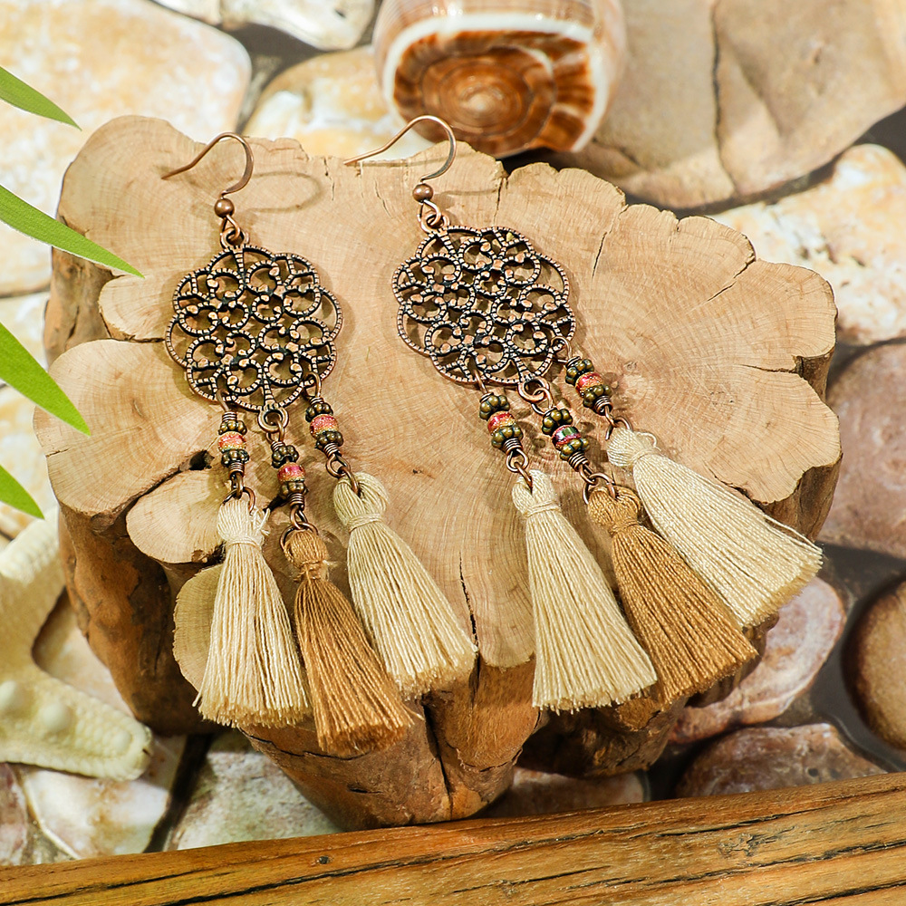 Bohemia Dream Catcher borla pendientes collar de madera estilo étnico largo borla colgante accesorios suéter cadena