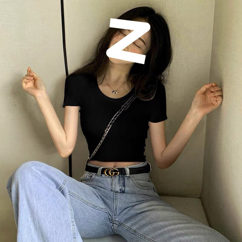 Black U Collar Short Short-sleeved T-shirt Women's Summer Cotton Little Spice Girl Tight High Waist Navel Top 2025 New Black U Collar Short Short-sleeved T-shirt Women's Summer Cotton Little Spice Girl Tight High Waist Navel Top 2025 New