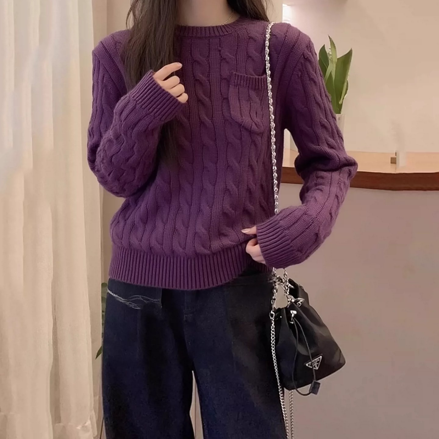 Inner layer base shirt, round neck cable knit sweater, slim-fit knitwear for women, new early autumn sweater, slimming long-sleeve top