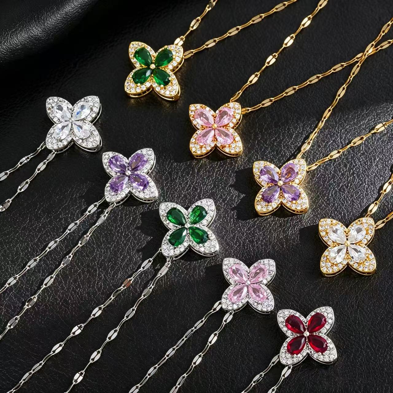 New Style Exquisite Red, White, and Pink Four-Leaf Clover Diamond-Encrusted Titanium Steel Necklace for Women, Fashionable Niche Dating Collarbone Chain