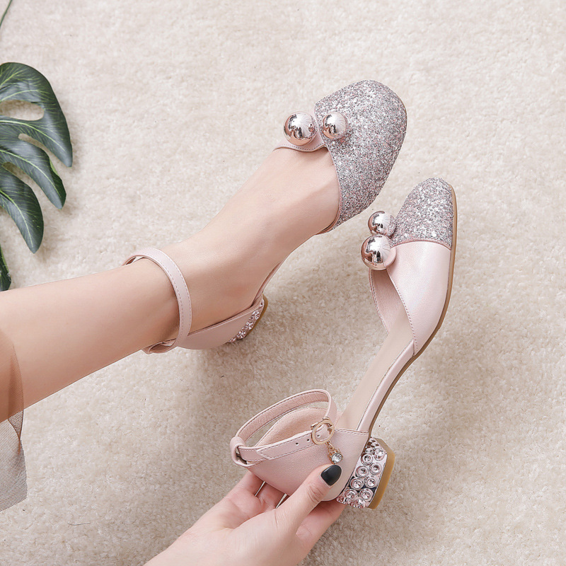 Girls Sandals Children's High Heels Little Girls Piano Performance Stage Shoes Crystal Pearl Princess 9 Years Old 10 Years Old