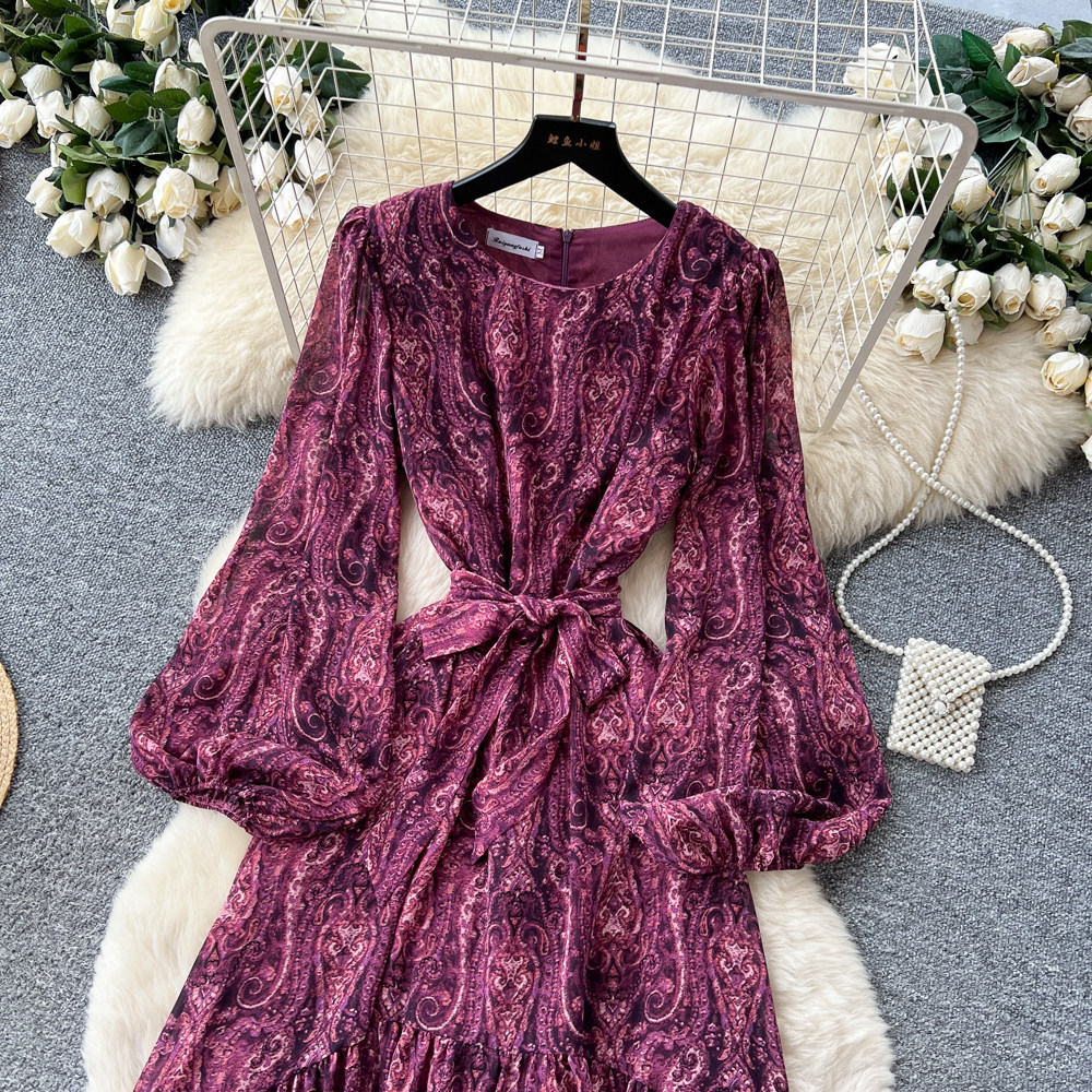 Women's French Style Loose Fitting Dress with Long Sleeves Tie Waist A-Line Long Skirt Slimming Elegant Spring Autumn Dress_ecoleips.com