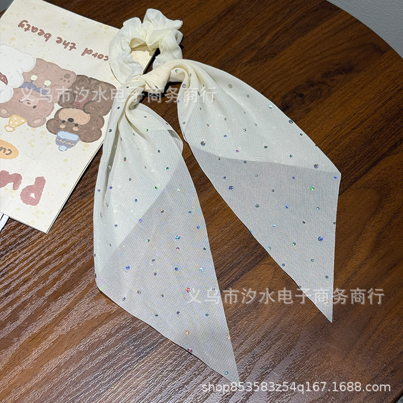 6色小肠圈纯色亮片圆点发饰飘带头饰女后脑勺扎马尾黑色红色发圈|undefined