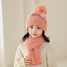 儿童帽子围巾两件套秋冬季女孩可爱针织毛线加厚保暖男童护耳套帽