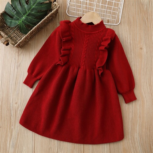Winter  New Girls' Fleece Dress Sweet Style Dress for Girls with Thickenable Knitted Dress