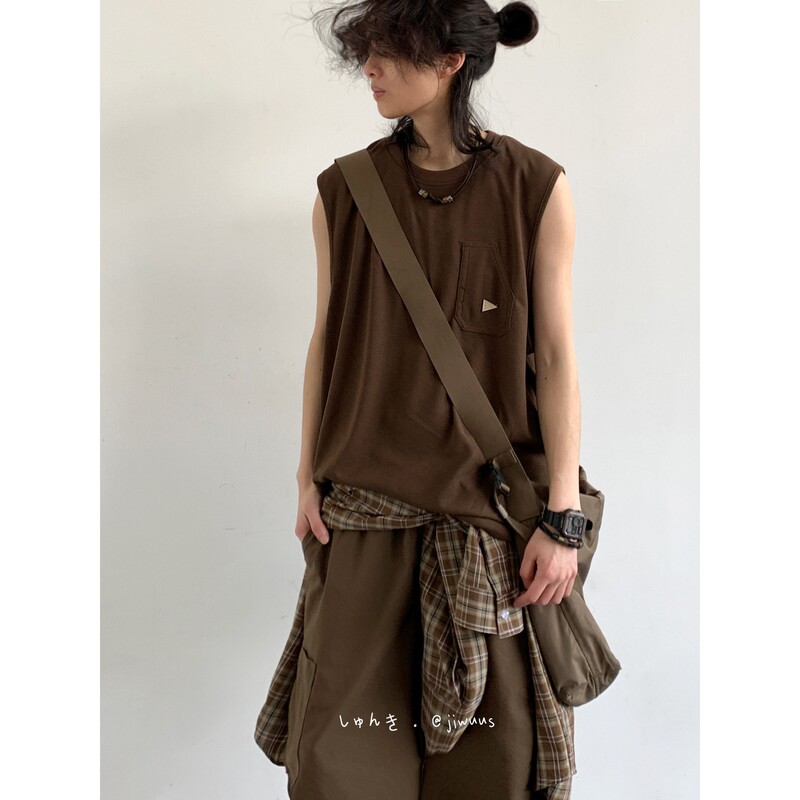 2025 Summer Basic Vintage Tooling Vest for Men and Women Students Loose Solid Color Label Waistcoat Sleeveless Sweatshirt Trendy