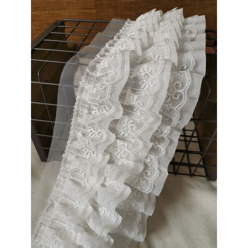 花边纺边蕾丝褶皱裙子百褶雪接T袖口三层领子娃娃裙边辅料恤黑白