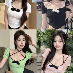 Pure desire bow U collar sexy collarbone T-shirt hot girl short sleeve top low cut tight bottoming shirt factory outlet