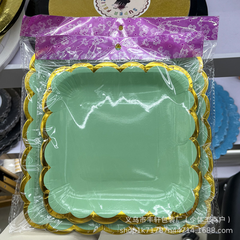 Transfronterizo estampado ondas desechable bandeja cuadrada macarón bandeja de papel bandeja de fiesta de cumpleaños para niños platos de pastel bandeja de frutas