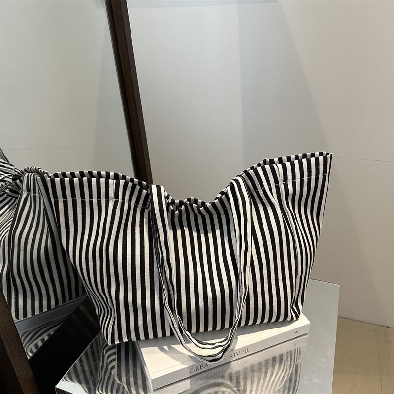Casual Retro Artistic Large Shoulder Bag Striped Tote For Women_voghion.com