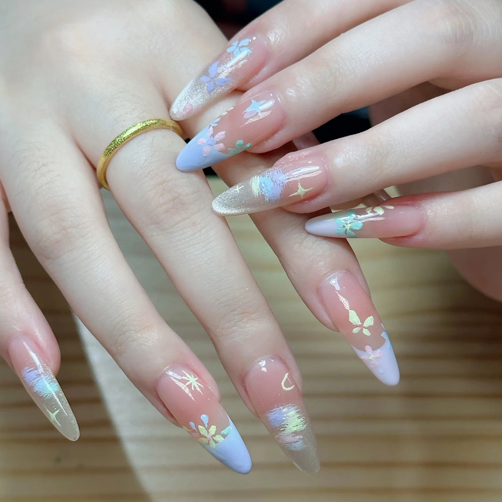 Dream Flower Eye Manicure Prefabricado, fresco y dulce estilo francés para usar 10 piezas de parche de uñas de código dividido