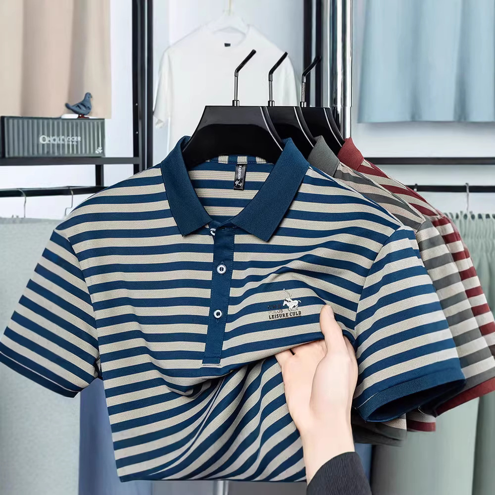 Cross-Border Popular Polo Shirt Men's Summer New Horizontal Stripesd Lapel Short-Sleeved T-Shirt Loose Casual Versatile Half-Sleeved Trendy