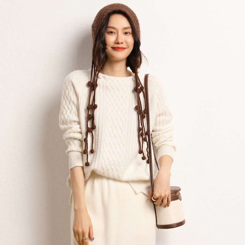 Cashmere spring short retro knitted sweater with a round collar