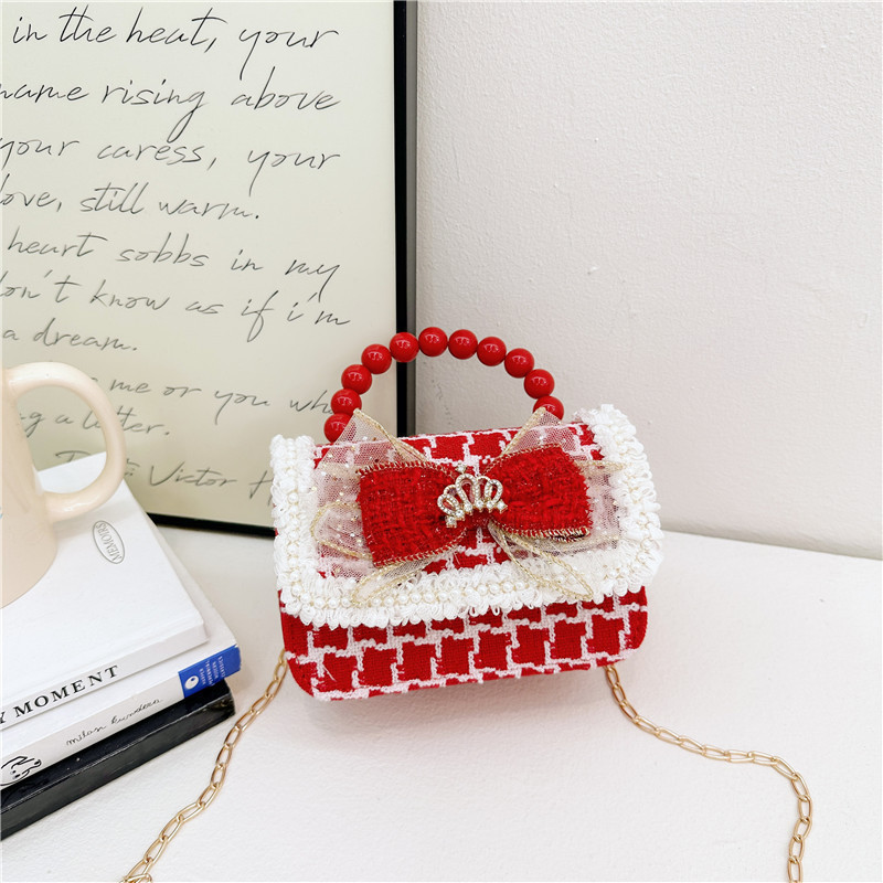 Año Nuevo gran bolso cuadrado rojo para niños bolso de perla bebé lindos bolso de cadena de arco bolso de cambio de niñas