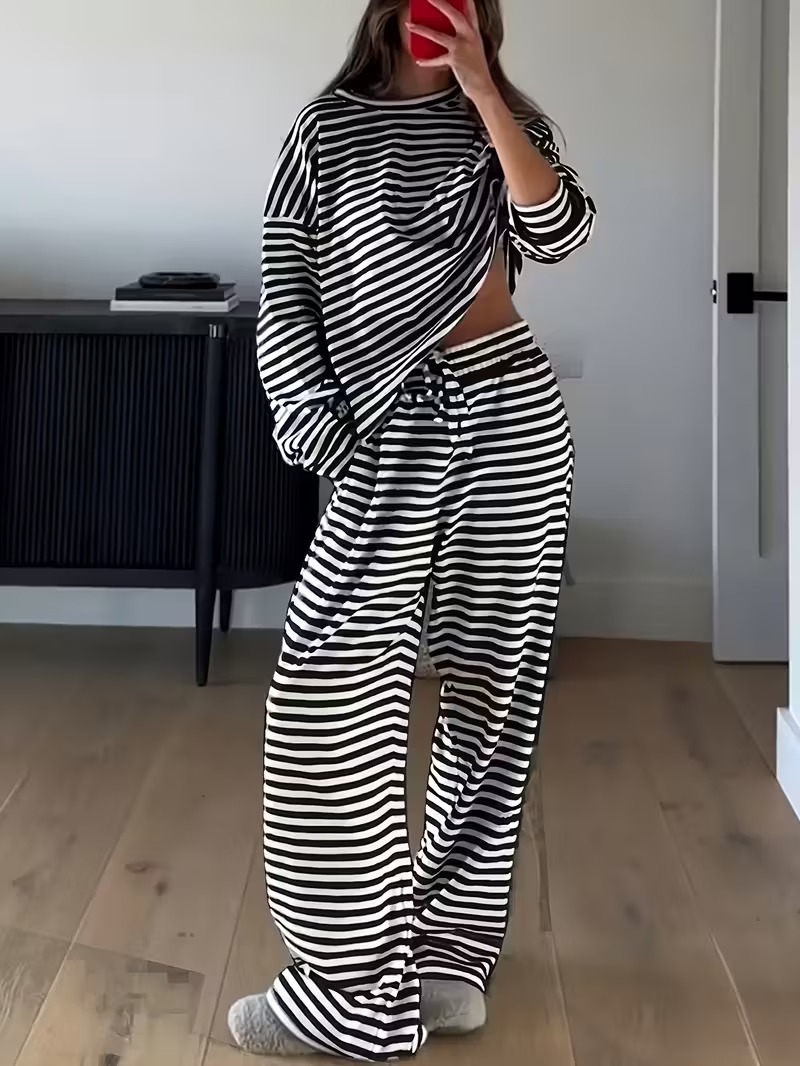 Spring Striped Casual Two-Piece Set: Long-Sleeved Top and High-Waisted Pants