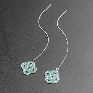 Natural Jadeite A goods blue water Chinese knot S925 tremella line ice jade stone women's high-grade earrings earrings wholesale