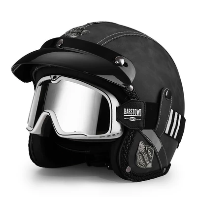 Motosiklet dəbilqələri – Safety Helmet - m-old-gray-black-and-white-striped-large-frame-goggles-free-hat-brim-face-towel