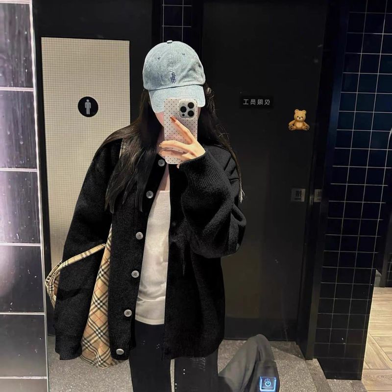 黑色针织开衫女秋季宽松慵懒风休闲感春秋外搭毛衣外套上衣冬|undefined