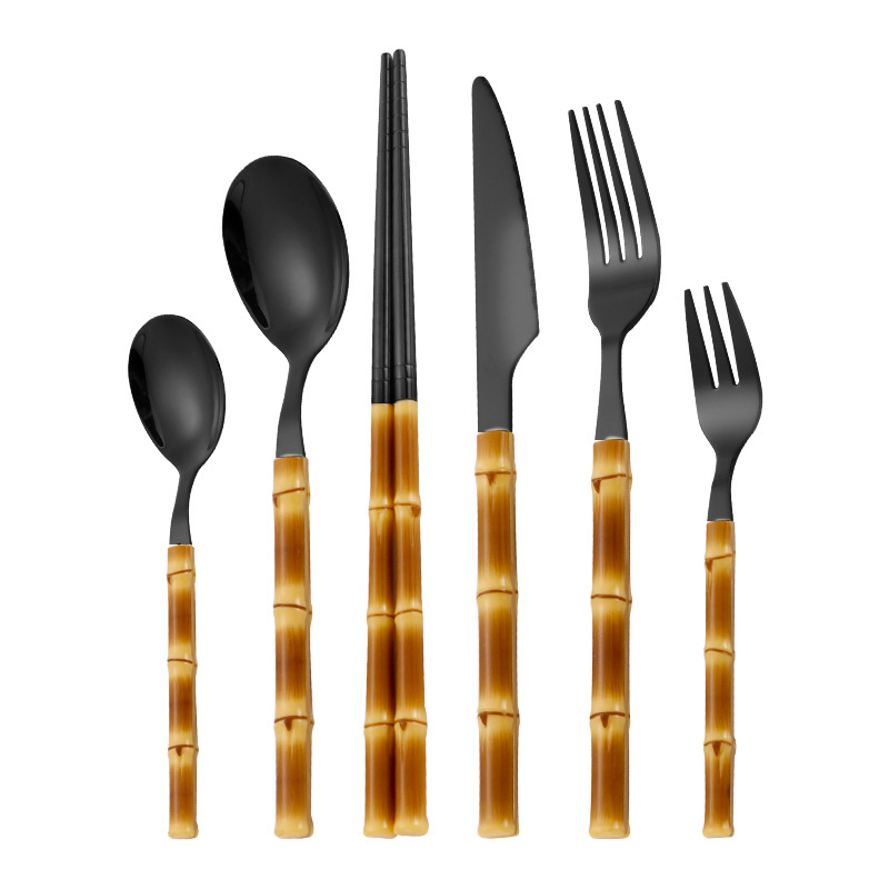 Cuchillo de acero inoxidable, tenedor y cuchara Hotel creativo vajilla occidental cuchillo de filete, tenedor y cuchara Palillos de bambú de imitación transfronteriza