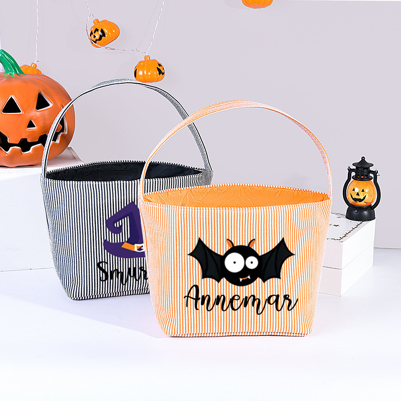 Halloween Custom Name Striped Storage Basket Large Capacity Seersucker Trick or Treat Bag Tote Square Bag