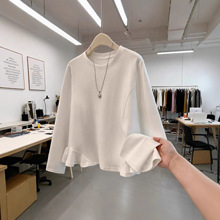 韩系特大码设计感荷叶边长袖T恤女装秋季2025新款遮肚打底衫上衣