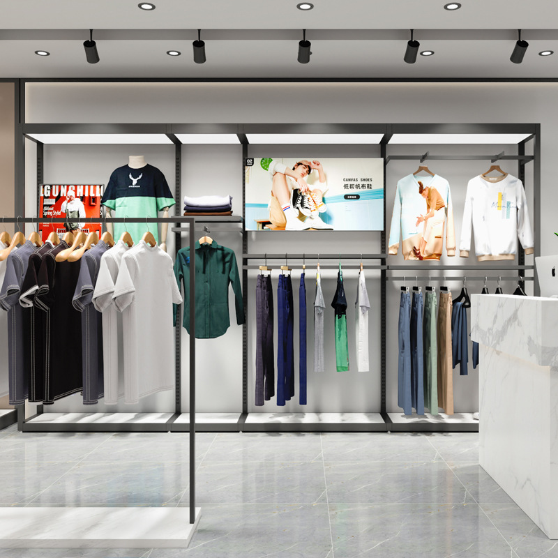 Tienda de celebridades en línea estante de ropa tienda de ropa soporte de exhibición percha de piso con luz combinación de estante de tienda de ropa para hombres de alta gama
