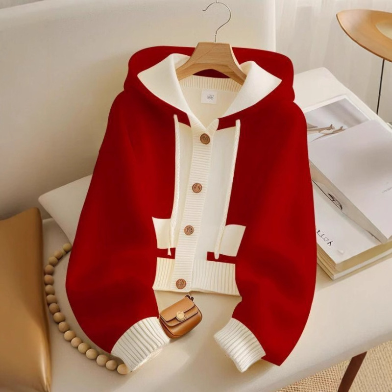Red Hooded Single-breasted Knitted Cardigan Jacket Women's Autumn High-end Temperament Short Inner Base Shirt Top