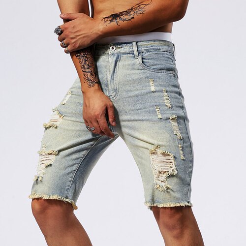Cross-border Premium Denim Casual Shorts | Summer Men's Pants – Sleek, Slim-Fit 5-Quarter Distressed Denim Short for Men