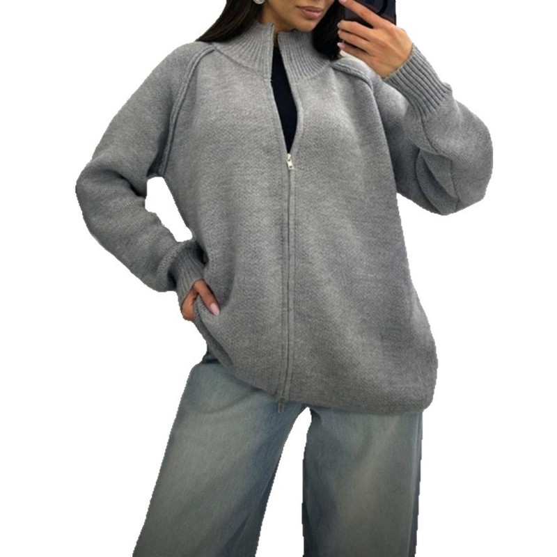 外贸跨境毛衣外套女2025秋冬新款欧美纯色立领拉链针织开衫上衣潮|undefined
