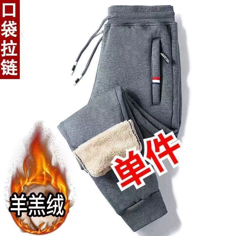 青少年宽松直筒束脚拉链冬季羊羔绒加厚加绒裤子保暖青年休闲裤男|undefined
