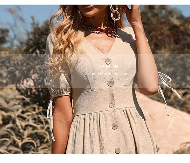 Rochie de damă cu mânecă scurtă, de lungime medie, cu nasturi, în linie A_voghion.com