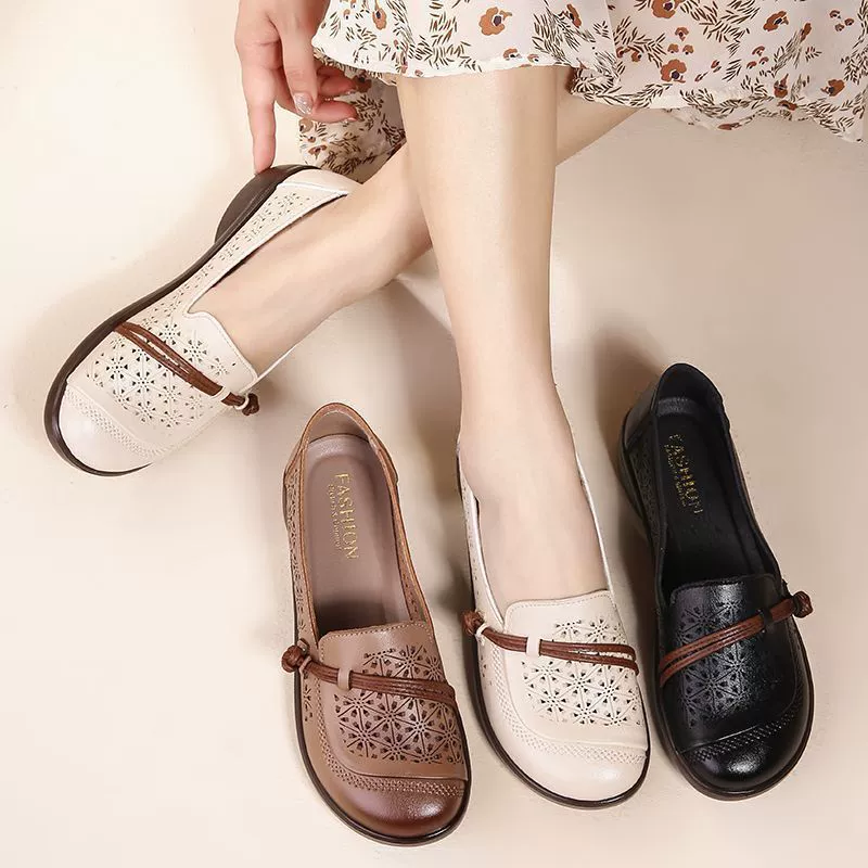 Обувь для мамы женская весенняя и осенняя кожаная обувь с плоским дном, нескользящая, дышащая, удобная и неглубокая работа дикая кожа с мягким дном, одинокая обувь среднего и пожилого возраста