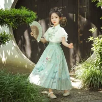 Летний наряд для девочек Hanfu 2025, новый стиль для детей старшего возраста, комплект летнего платья в китайском стиле для девочек.