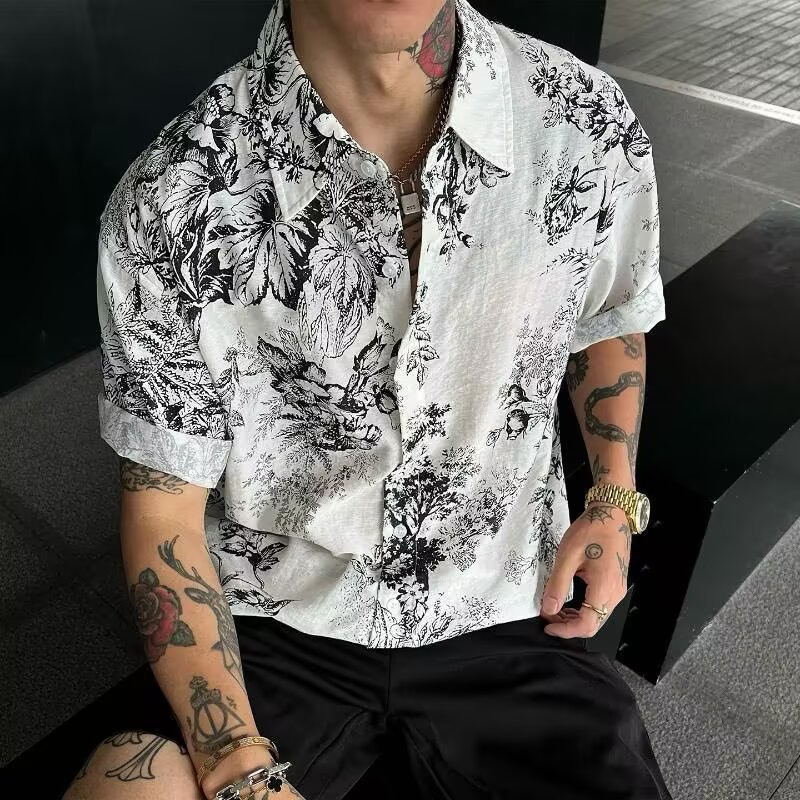 Ink floral print linen old money style short-sleeve shirt for men, new summer loose casual high-end shirt
