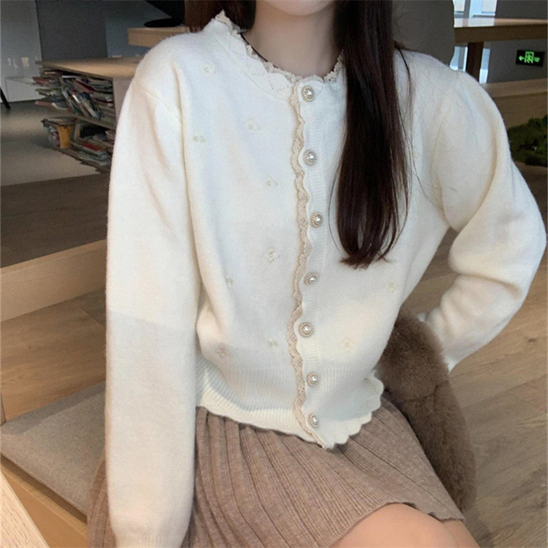 2024春秋新款拼色蕾丝拼接针织开衫女宽松设计感短毛衣外套上衣潮详情18