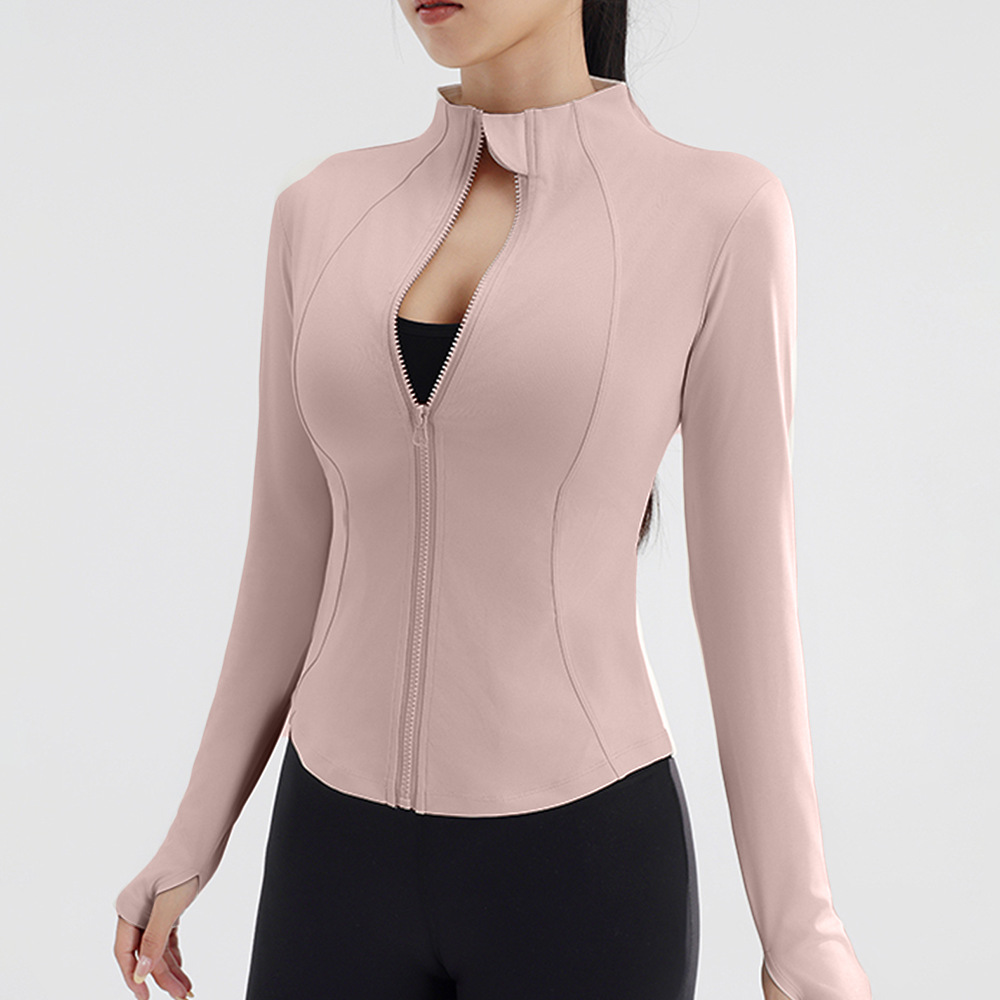 Nuevo cross-border damas chaqueta deportiva fitness delgada espalda cremallera manga larga running top yoga