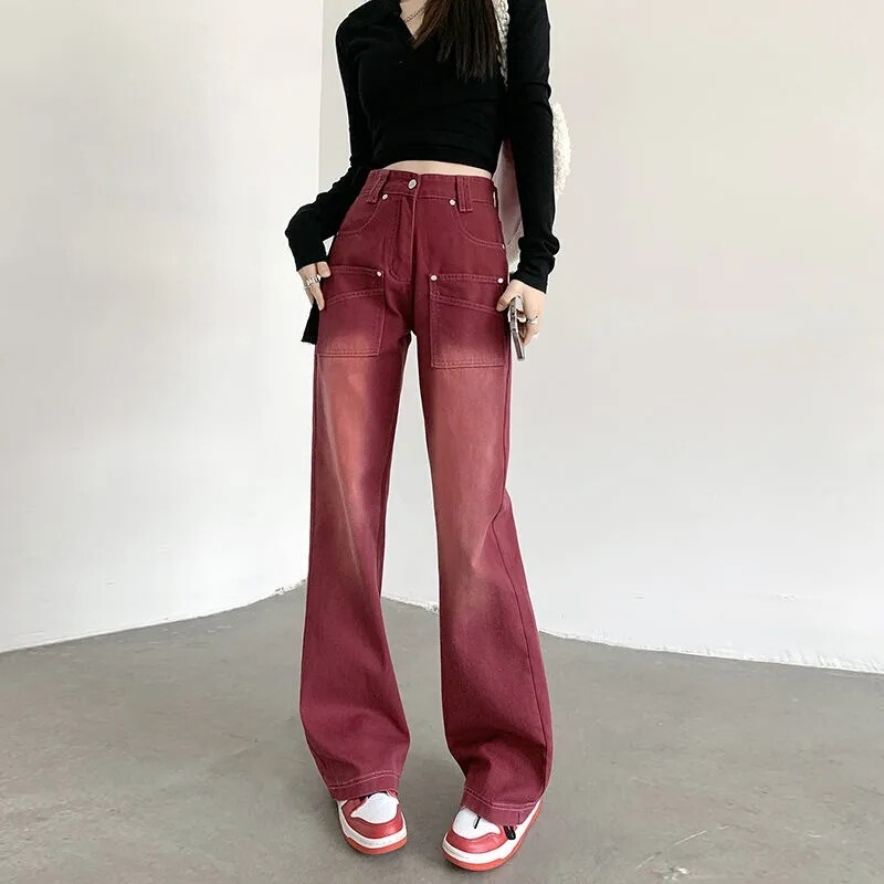 Super Easy to Wear Burgundy Wide-Leg Jeans for Women 2024 Spring & Fall New Straight Design High-Waisted Loose Floor-Length Pants Super Easy to Wear Burgundy Wide-Leg Jeans for Women 2024 Spring & Fall New Straight Design High-Waisted Loose Floor-Length Pants