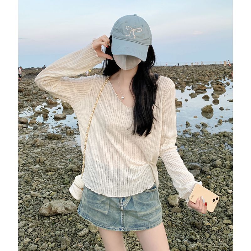 2025新款夏季V领冰丝防晒罩衫木耳边设计感宽松长袖T恤女轻薄上衣|undefined