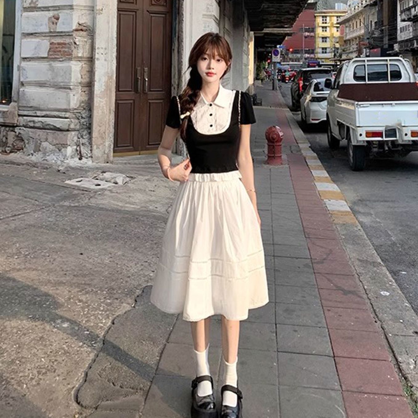 Korean Preppy Style Fake Two-Piece Lace Splicing Shirt for Female Students Paired with White Super Fairy Skirt Two-Piece Suit