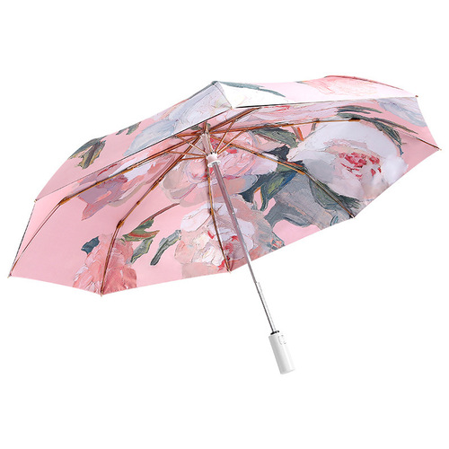 Fully automatic umbrella, three-fold, double-layered, double-sided, retro oil painting printed sun protection sunny umbrella printed with logo vinyl parasol