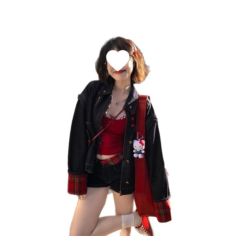 kt刺绣标格子拼接牛仔外套女2025秋季新款复古甜酷风宽松夹克开衫|undefined