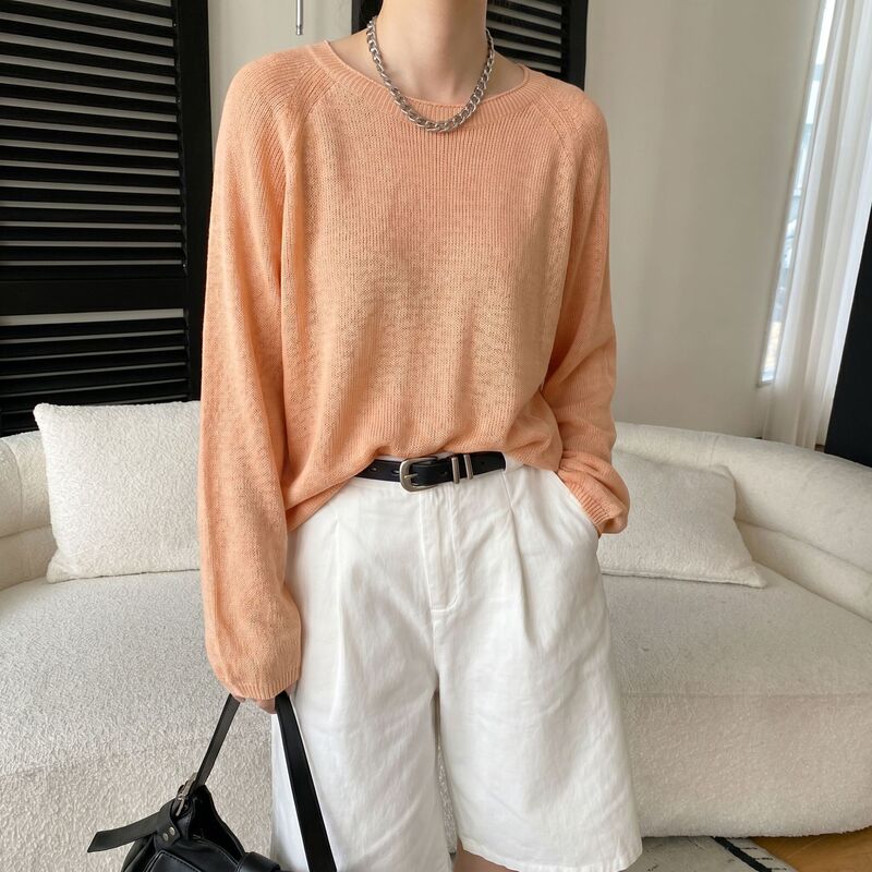 Spring and Summer New Style Lyocell Silk Blend Raglan Sleeve Knitwear, Thin, Loose, Comfortable, Versatile Thin Top