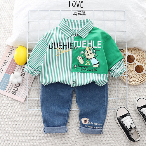 Boys Spring and Autumn Suit Little Boy Baby Cartoon Bear Shirt Jeans Two-piece Set Korean Style Toddler Fashion Western Style