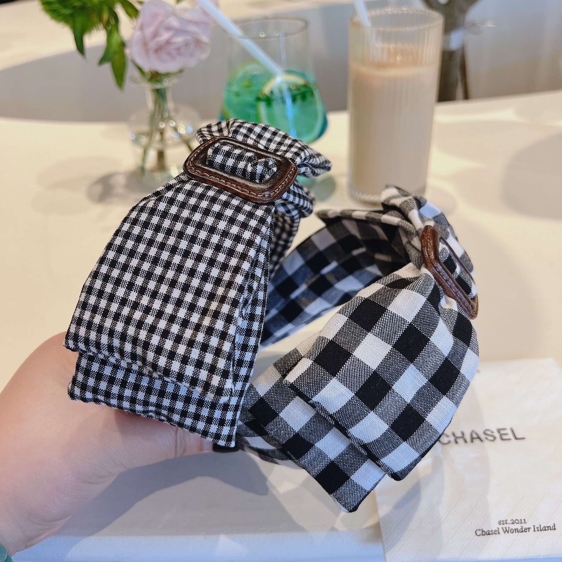 黑白格子～韓系東大門復古大版雙層蝴蝶結咖色牛皮扣發箍發卡百搭