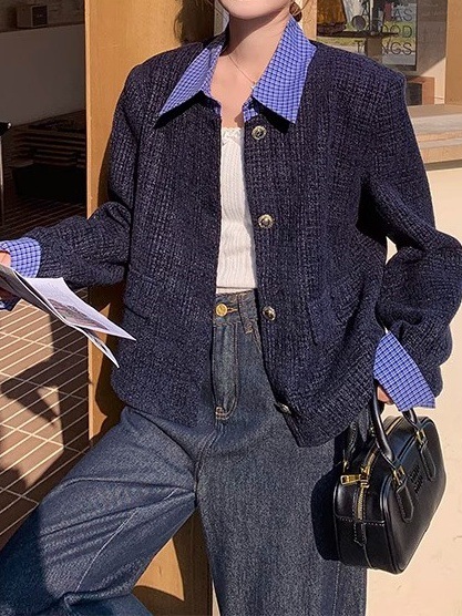韩系格纹拼接假两件小香风外套女春秋季新款时髦洋气短款设计上衣|undefined