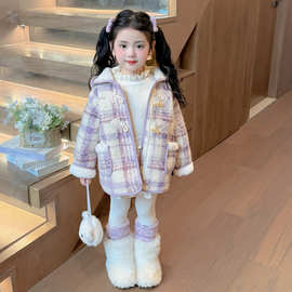 女童外套秋冬装2025新款儿童洋气加绒加厚上衣女宝宝格子毛呢大衣