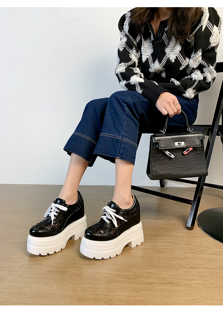 Giày sneaker nữ đế dày lưới thoáng khí, phối dây buộc phong cách loafer đế xuồng — Trắng 12cm, Trắng 15cm, Đen 12cm, Đen 15cm chi tiết 10