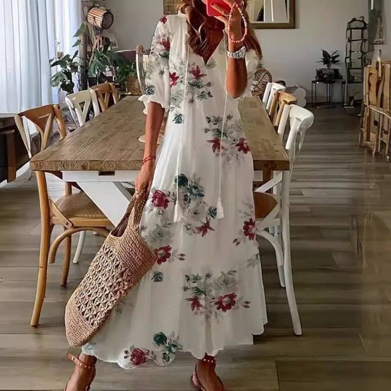 Cross-border European and American spring/summer new women's mid-length sleeve dress with tassels, loose bohemian print V-neck long dress