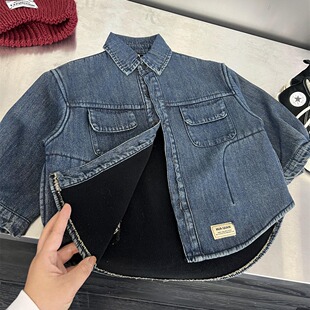 Boys and Girls Winter All-matching fleece-lined Denim shirt children's American retro soft Denim composite one-piece velvet stacked coat
