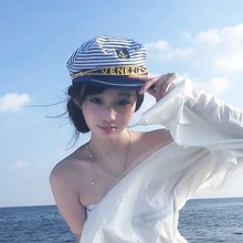 条纹水手帽jk秋季帽子女款大头围保暖帽八角贝雷帽蓝色海军帽